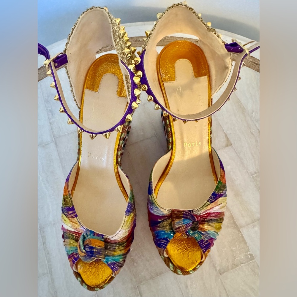 Christian Louboutin Multicolor Satin Knot Front Platform Sandals with Gold Studs